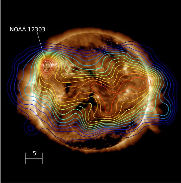 2015 Solar Eclipse LOFAR contours:  LOFAR contours 50-95% (blue to red) of the peak intensity on top of a Solar Dynamics Observatory/Atmospheric Imaging Assembly 193 Å image. The contours are from a multifrequency LOFAR map (140-160 MHz) and the 193 Å EUV image is from 11:05 UT, during 2015 March 20 partial solar eclipse in Europe, 80% totality.